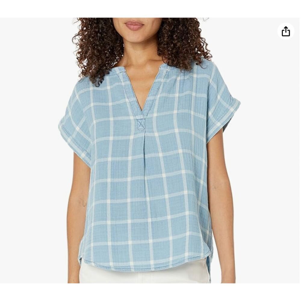 Lucky Brand Short Sleeve Cotton Popover Plaid Shirt Blue Indigo Size‎ XS $79.50